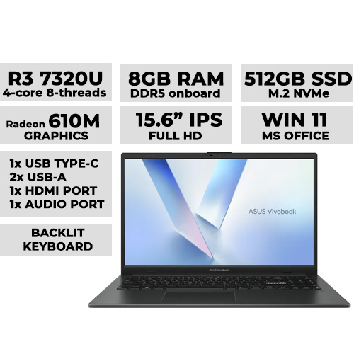 ASUS VIVOBOOK GO 15 E1504FA BQ2324W (Black) Laptop 15.6" FHD | Ryzen 3 7320U | 8GB DDR5 | 512GB NVMe | Radeon 610M Graphics
